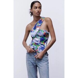 Zara Floral Asymmetrical One Shoulder Bodysuit Size M Blue Green Romantic Boho